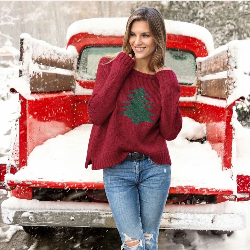 Wooden Ships by Paola Buendia Christmas Tree Crew Chunky Sweater